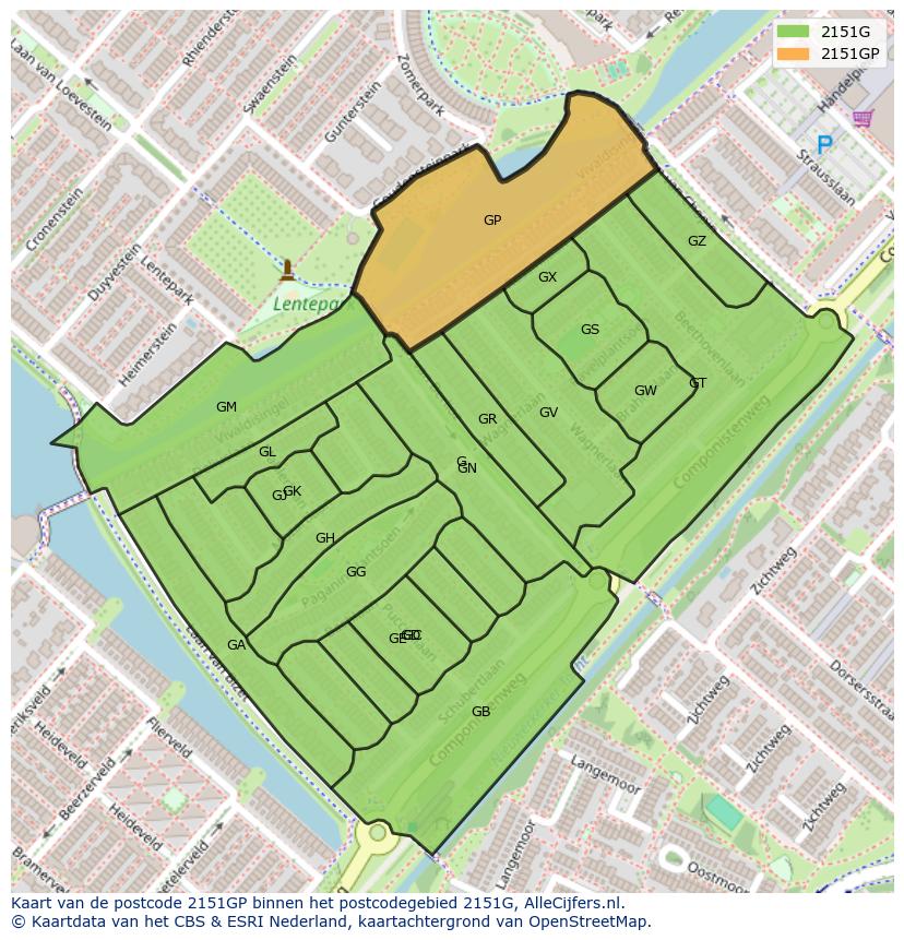 Afbeelding van het postcodegebied 2151 GP op de kaart.