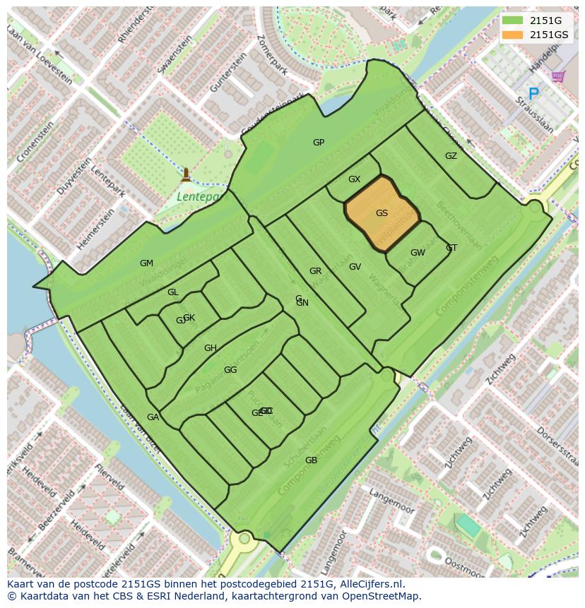 Afbeelding van het postcodegebied 2151 GS op de kaart.