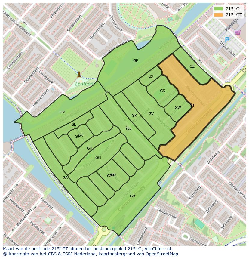 Afbeelding van het postcodegebied 2151 GT op de kaart.