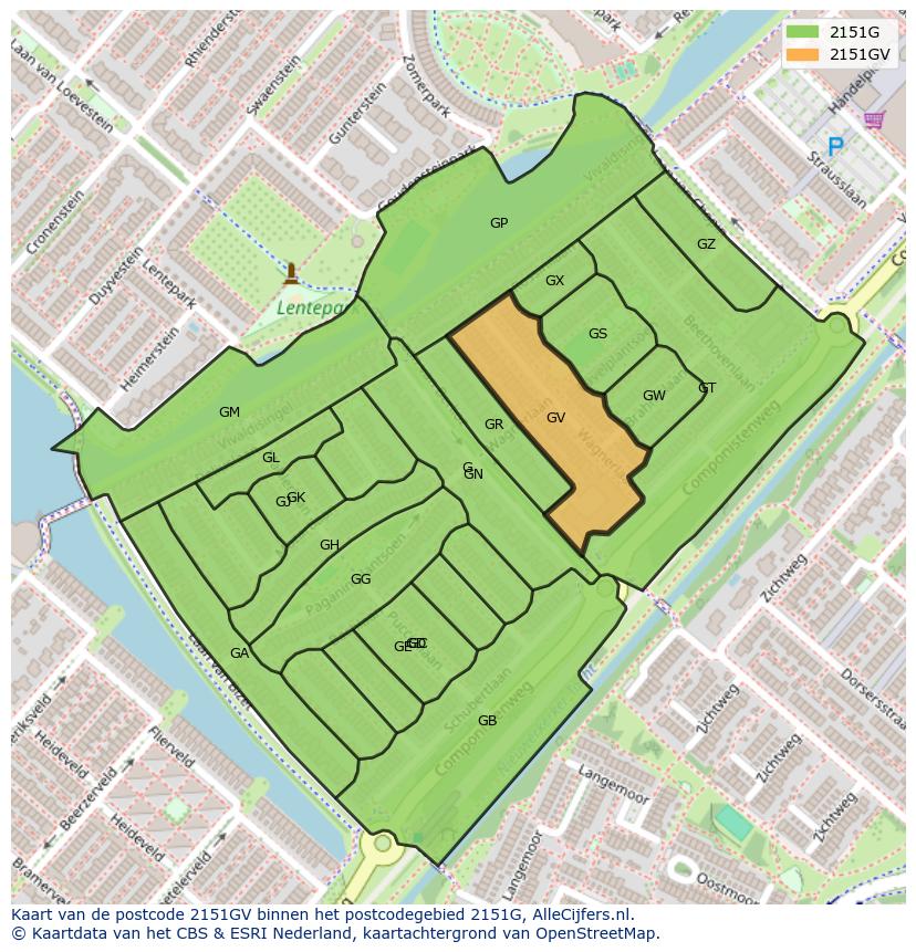 Afbeelding van het postcodegebied 2151 GV op de kaart.