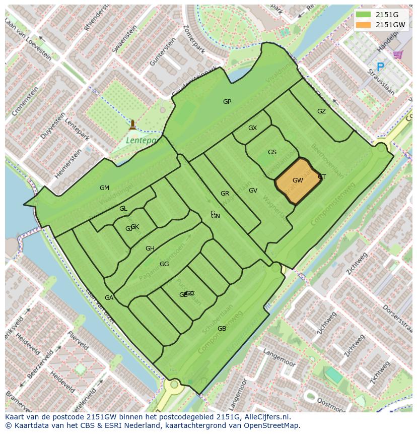 Afbeelding van het postcodegebied 2151 GW op de kaart.