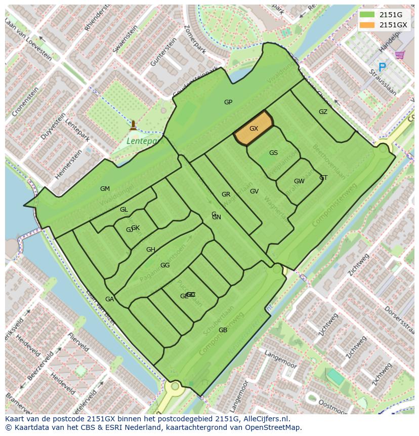 Afbeelding van het postcodegebied 2151 GX op de kaart.