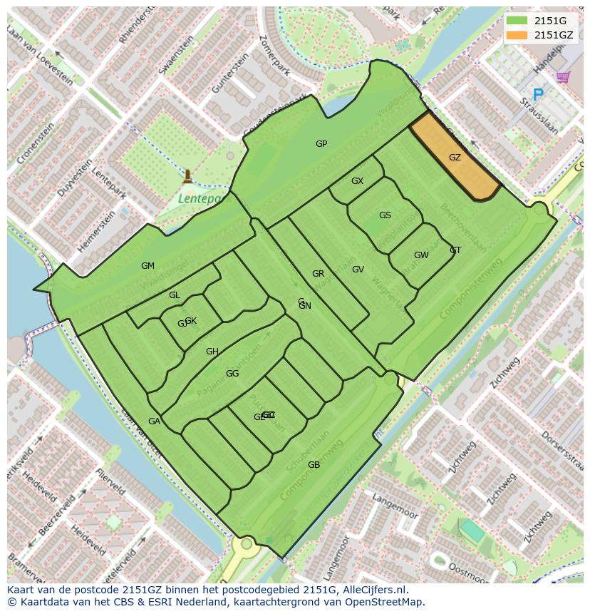 Afbeelding van het postcodegebied 2151 GZ op de kaart.