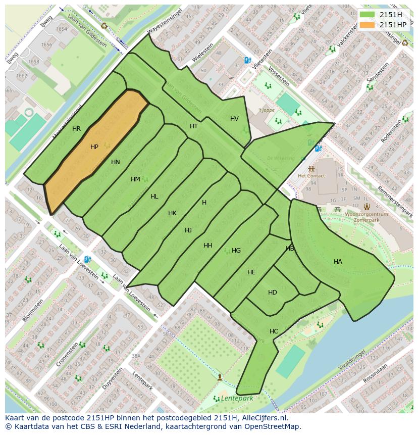 Afbeelding van het postcodegebied 2151 HP op de kaart.