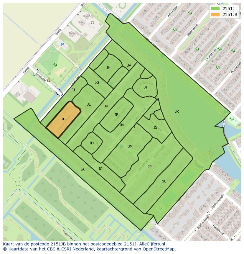 Afbeelding van het postcodegebied 2151 JB op de kaart.