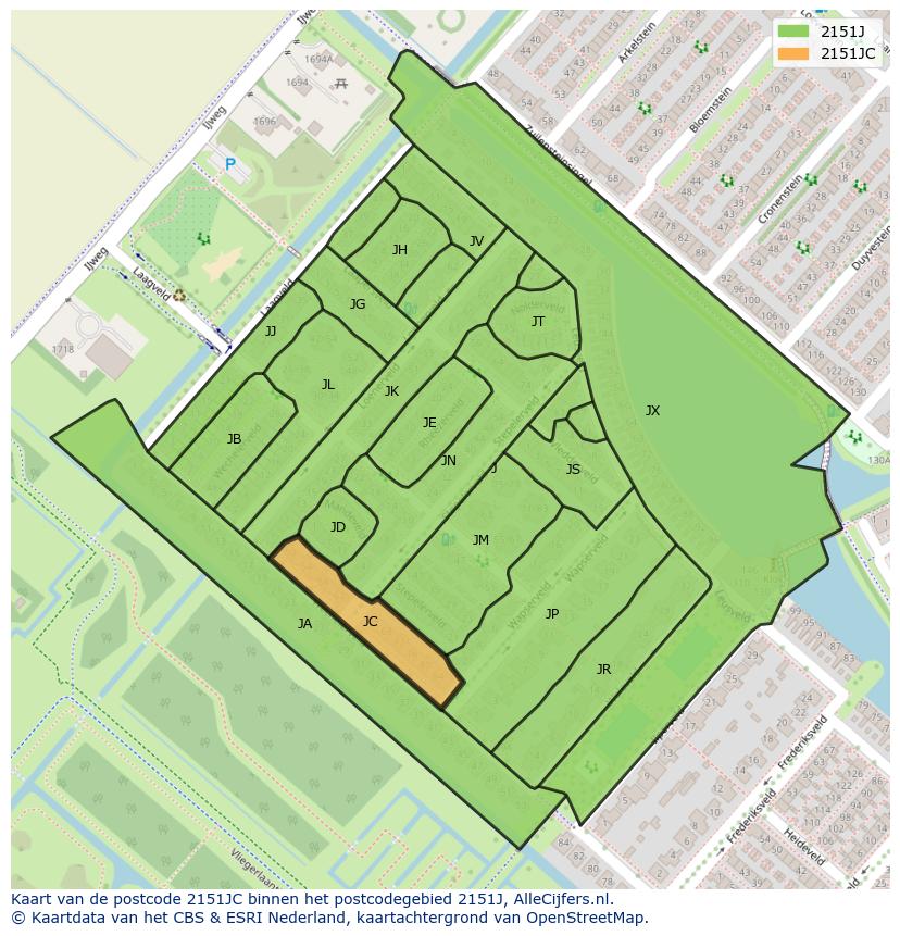 Afbeelding van het postcodegebied 2151 JC op de kaart.
