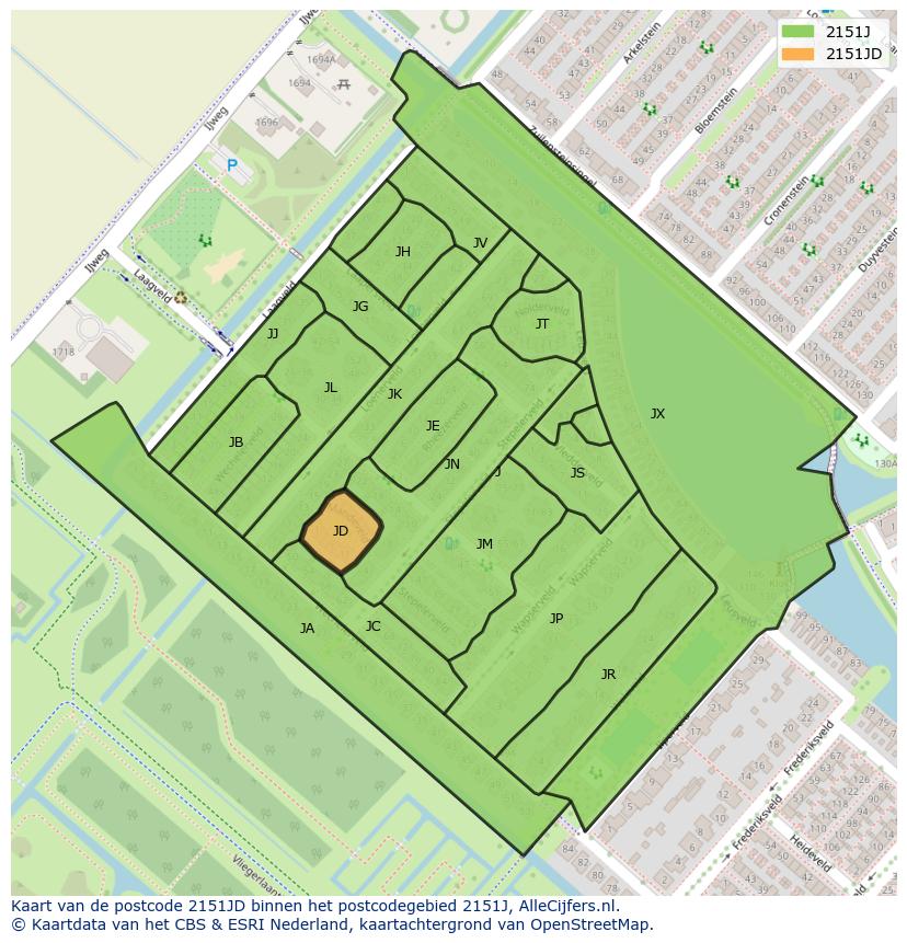 Afbeelding van het postcodegebied 2151 JD op de kaart.