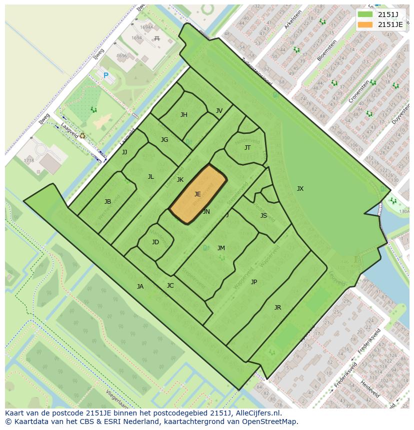 Afbeelding van het postcodegebied 2151 JE op de kaart.