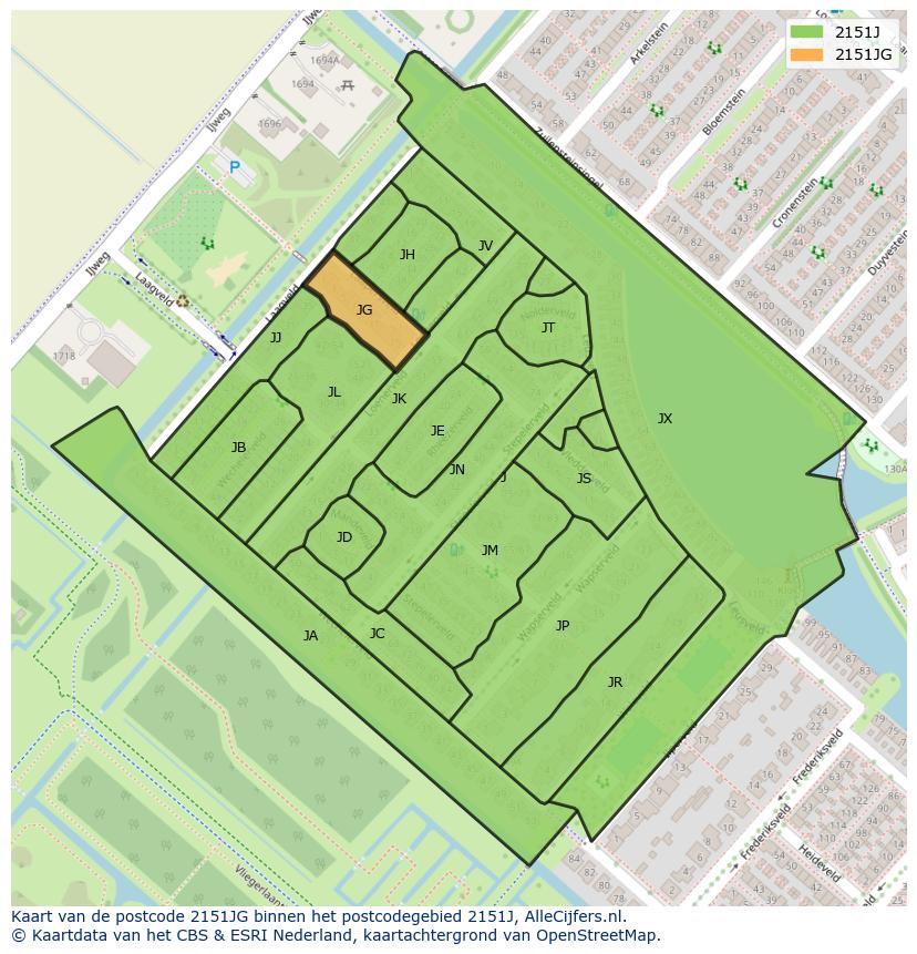 Afbeelding van het postcodegebied 2151 JG op de kaart.