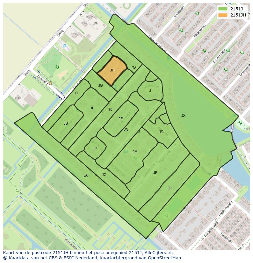 Afbeelding van het postcodegebied 2151 JH op de kaart.