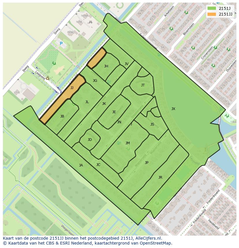 Afbeelding van het postcodegebied 2151 JJ op de kaart.