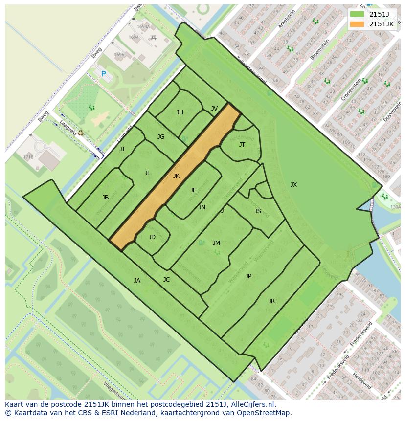 Afbeelding van het postcodegebied 2151 JK op de kaart.