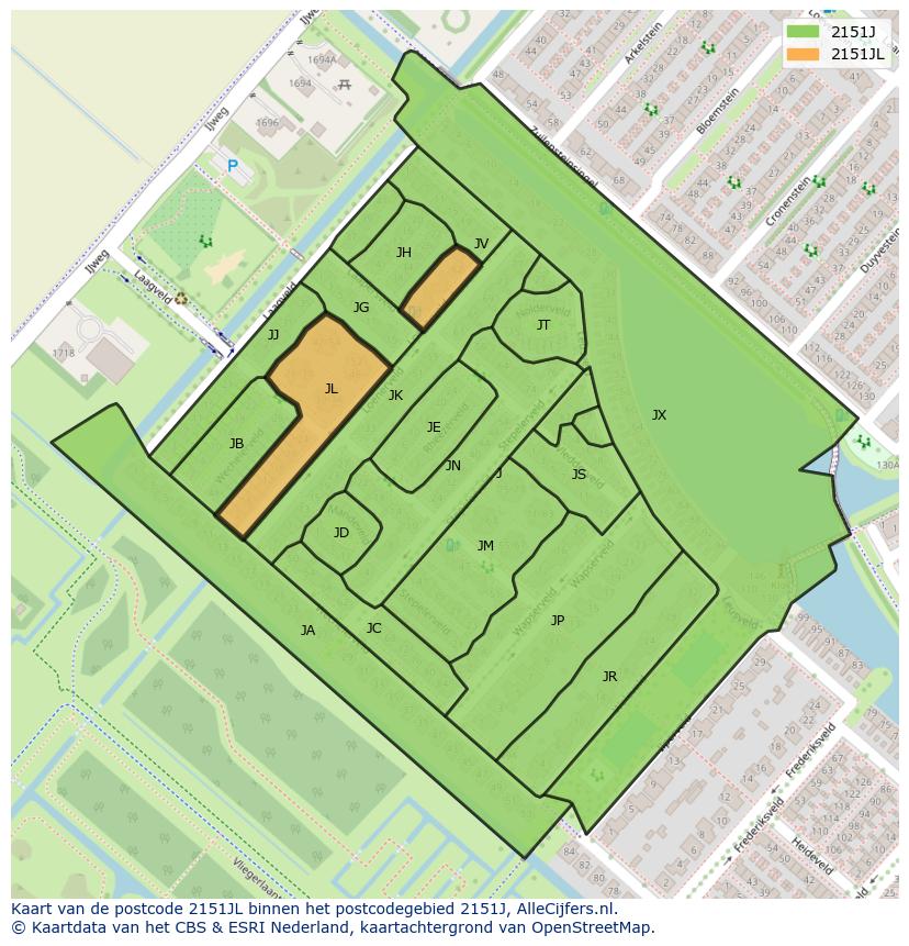 Afbeelding van het postcodegebied 2151 JL op de kaart.