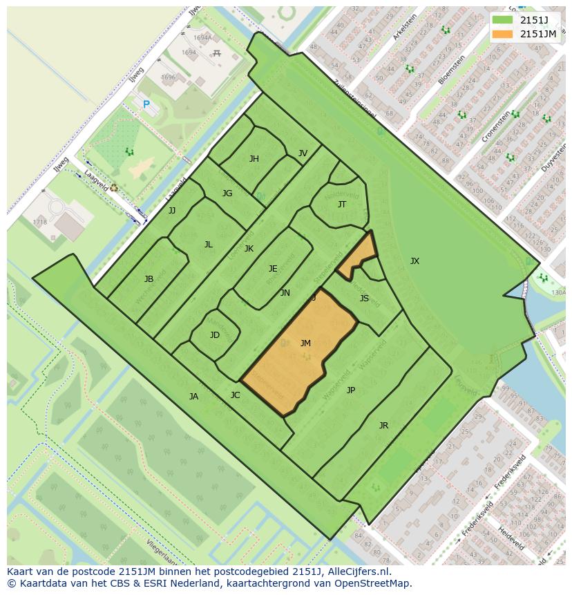 Afbeelding van het postcodegebied 2151 JM op de kaart.