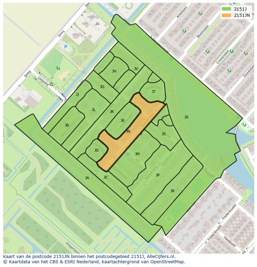 Afbeelding van het postcodegebied 2151 JN op de kaart.