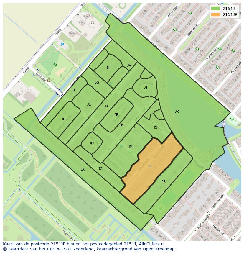Afbeelding van het postcodegebied 2151 JP op de kaart.