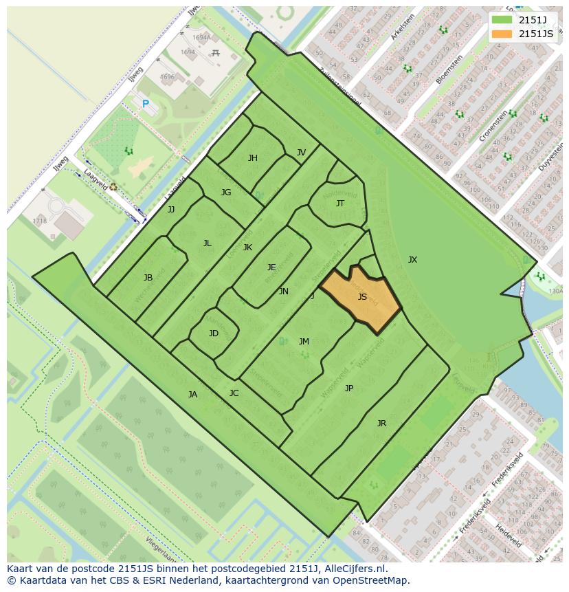 Afbeelding van het postcodegebied 2151 JS op de kaart.