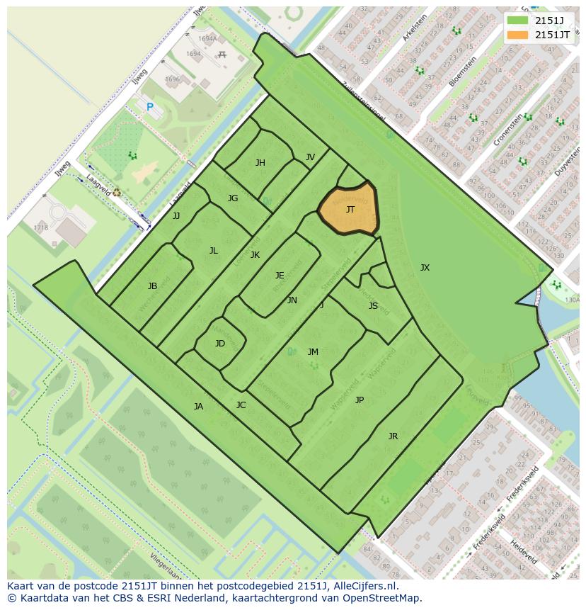 Afbeelding van het postcodegebied 2151 JT op de kaart.