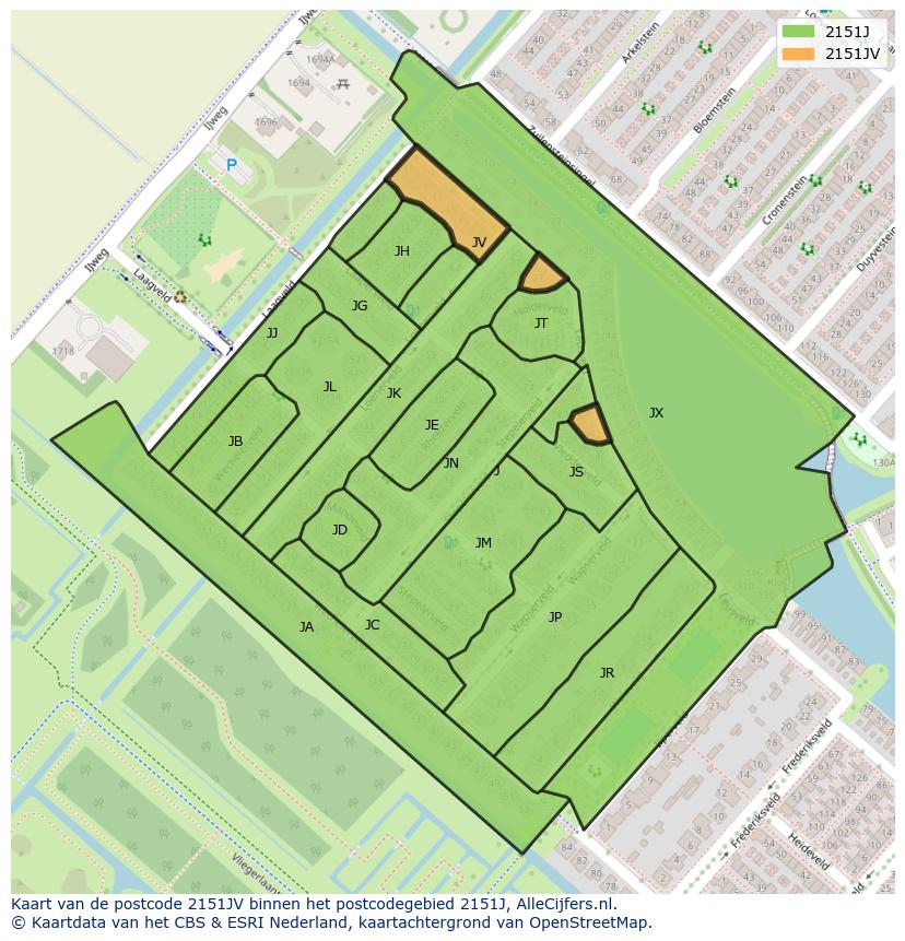 Afbeelding van het postcodegebied 2151 JV op de kaart.