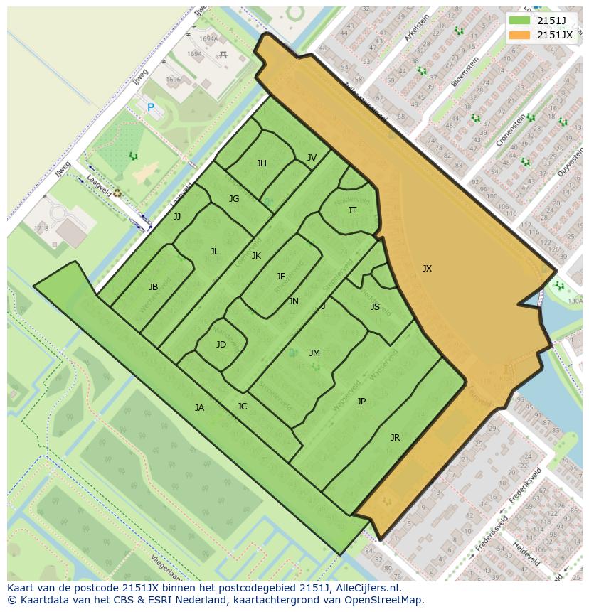 Afbeelding van het postcodegebied 2151 JX op de kaart.
