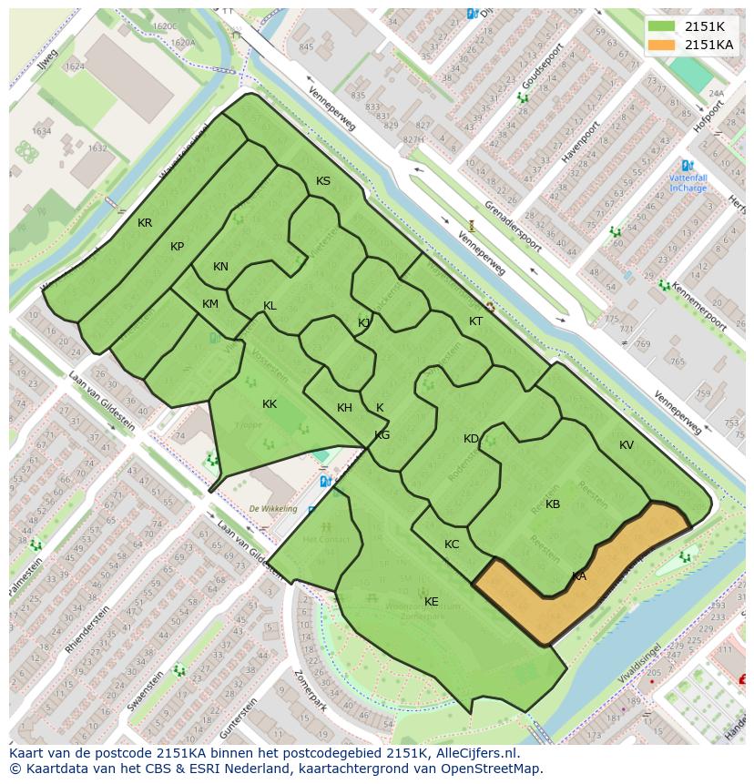 Afbeelding van het postcodegebied 2151 KA op de kaart.