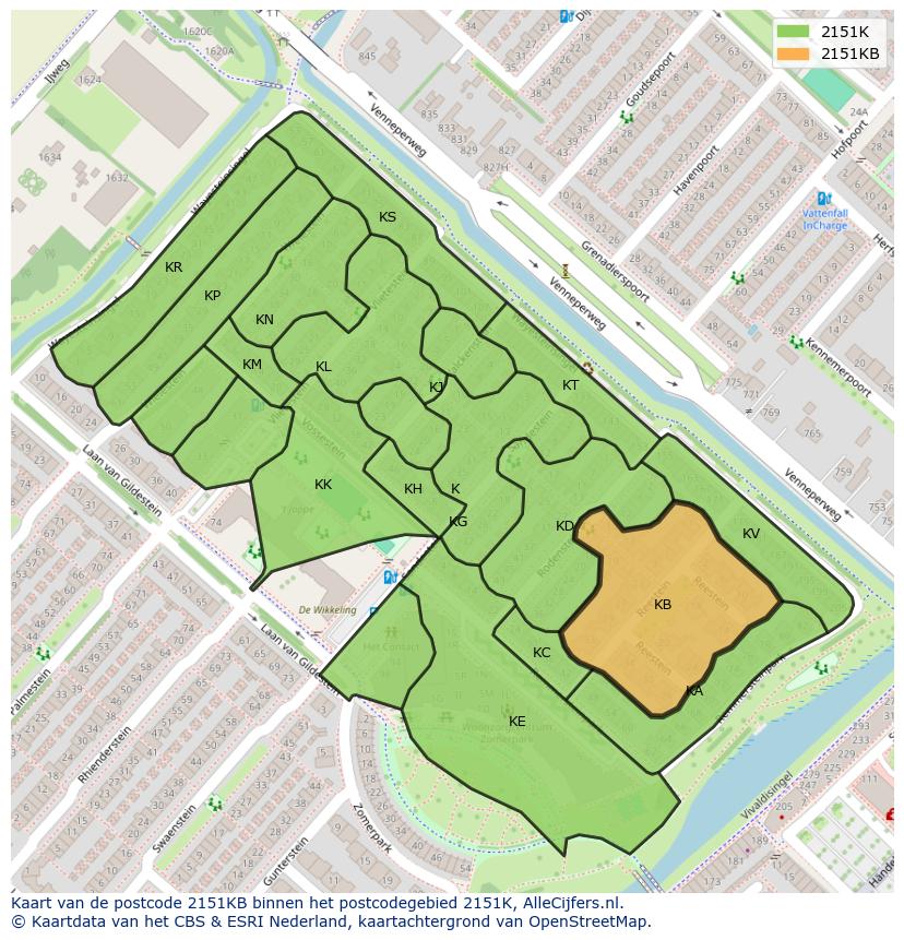 Afbeelding van het postcodegebied 2151 KB op de kaart.
