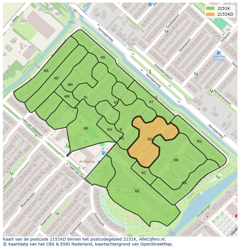 Afbeelding van het postcodegebied 2151 KD op de kaart.