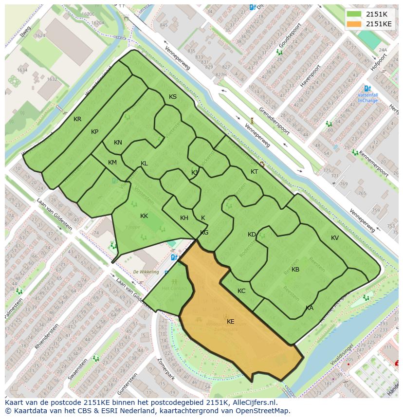 Afbeelding van het postcodegebied 2151 KE op de kaart.