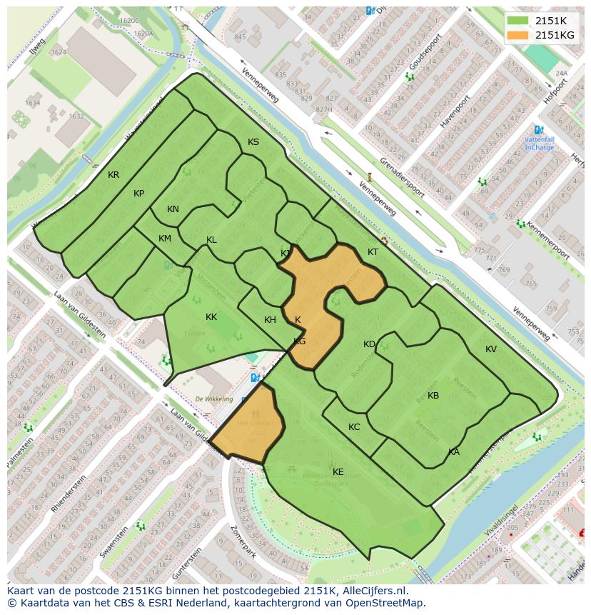 Afbeelding van het postcodegebied 2151 KG op de kaart.