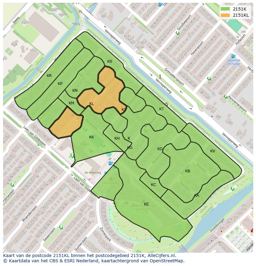 Afbeelding van het postcodegebied 2151 KL op de kaart.
