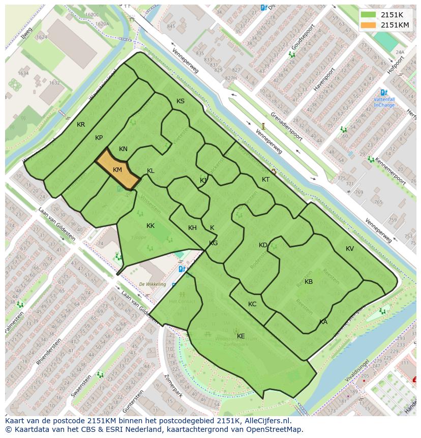 Afbeelding van het postcodegebied 2151 KM op de kaart.