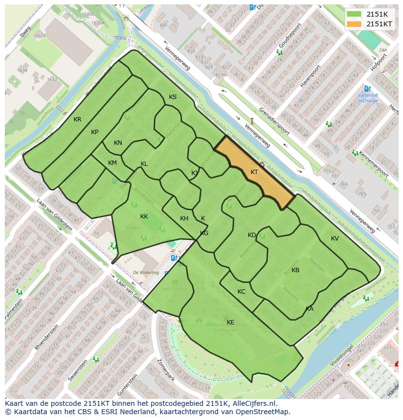 Afbeelding van het postcodegebied 2151 KT op de kaart.