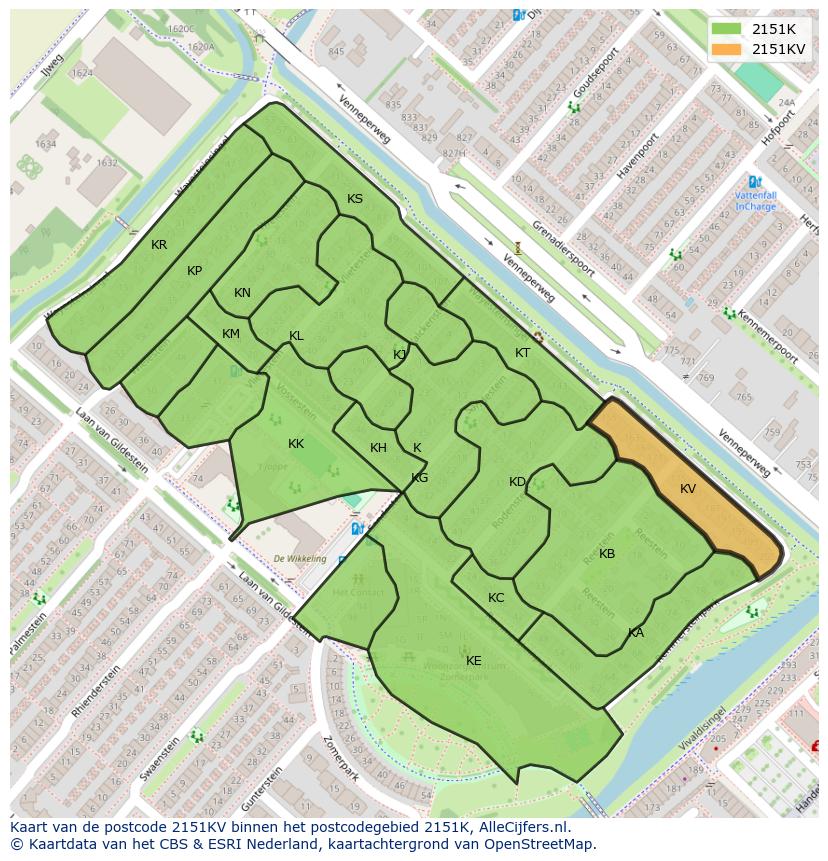 Afbeelding van het postcodegebied 2151 KV op de kaart.