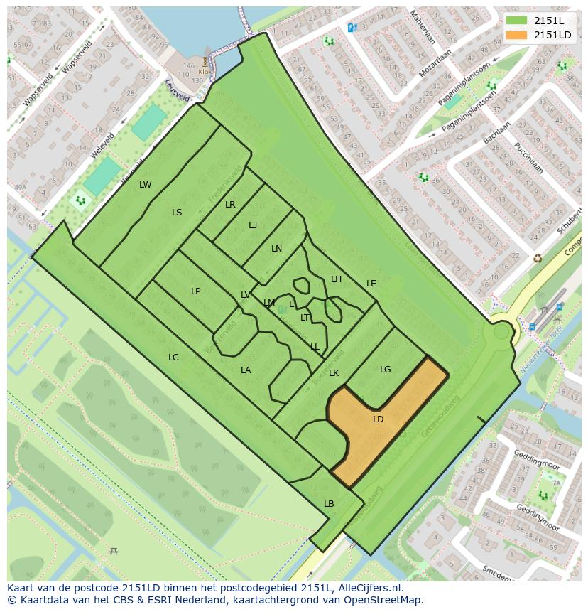 Afbeelding van het postcodegebied 2151 LD op de kaart.