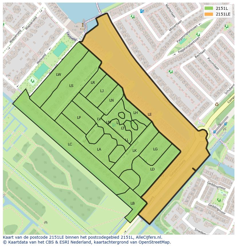 Afbeelding van het postcodegebied 2151 LE op de kaart.