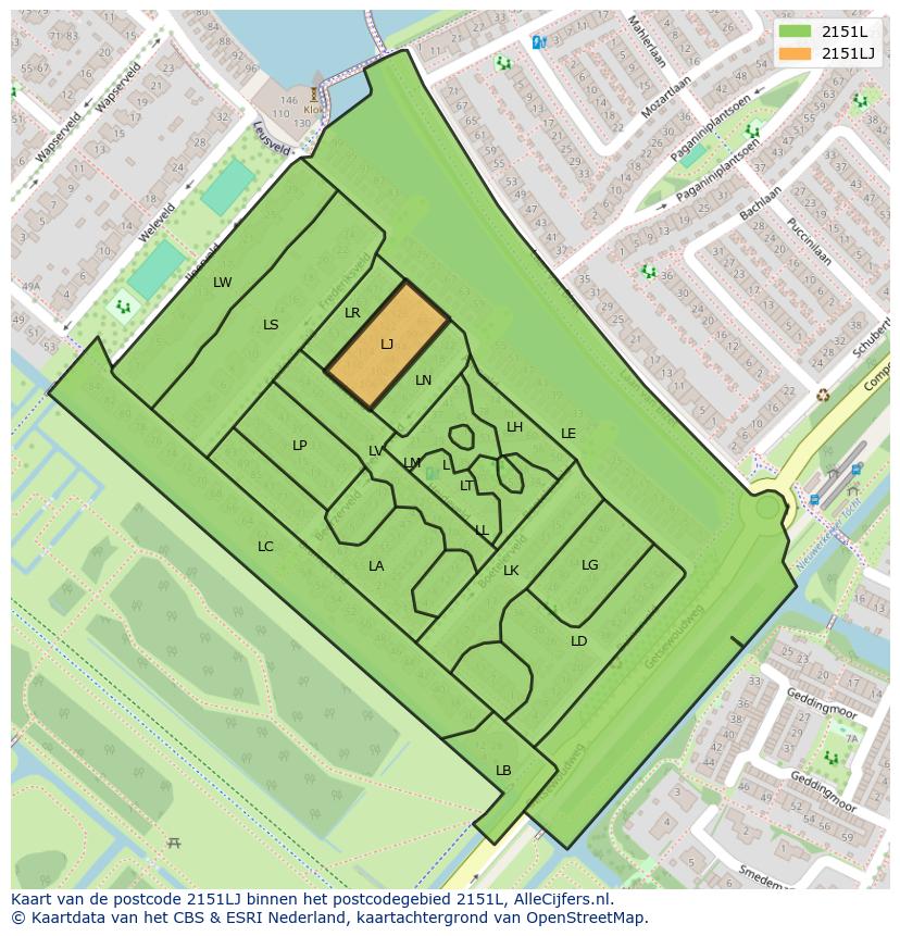 Afbeelding van het postcodegebied 2151 LJ op de kaart.
