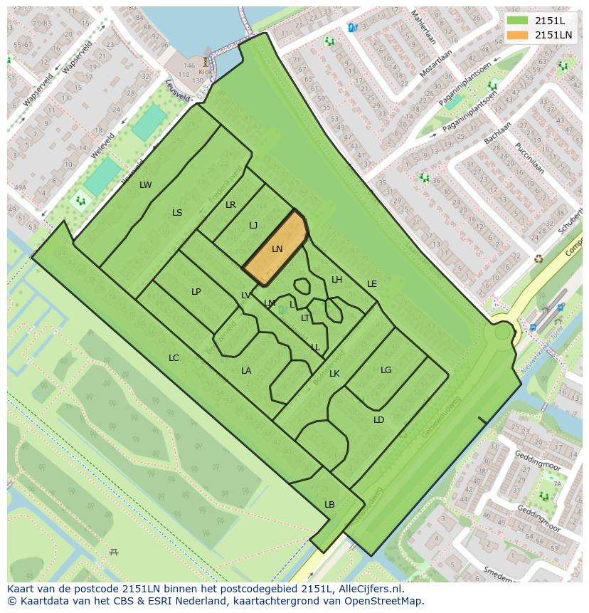 Afbeelding van het postcodegebied 2151 LN op de kaart.