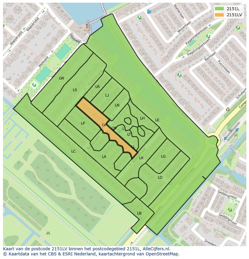Afbeelding van het postcodegebied 2151 LV op de kaart.