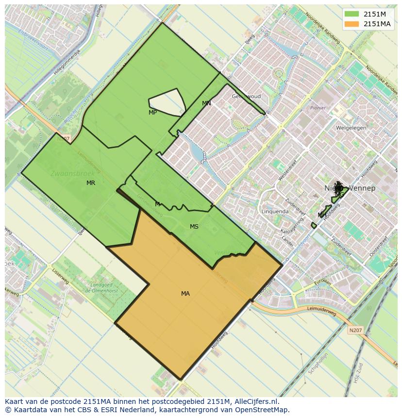 Afbeelding van het postcodegebied 2151 MA op de kaart.