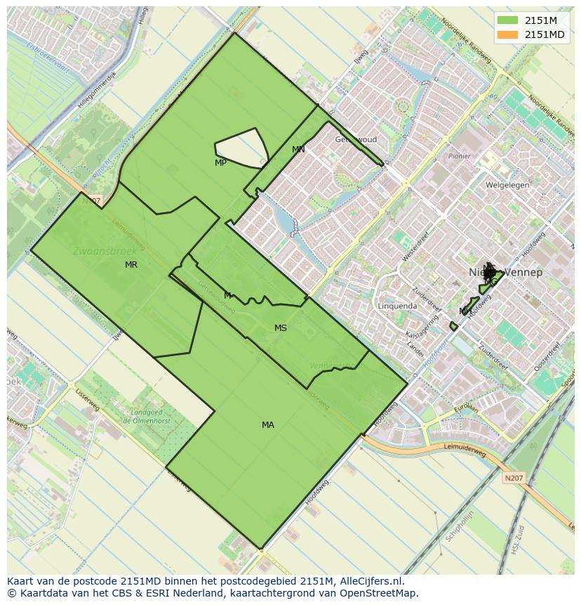 Afbeelding van het postcodegebied 2151 MD op de kaart.