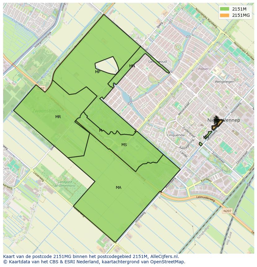 Afbeelding van het postcodegebied 2151 MG op de kaart.