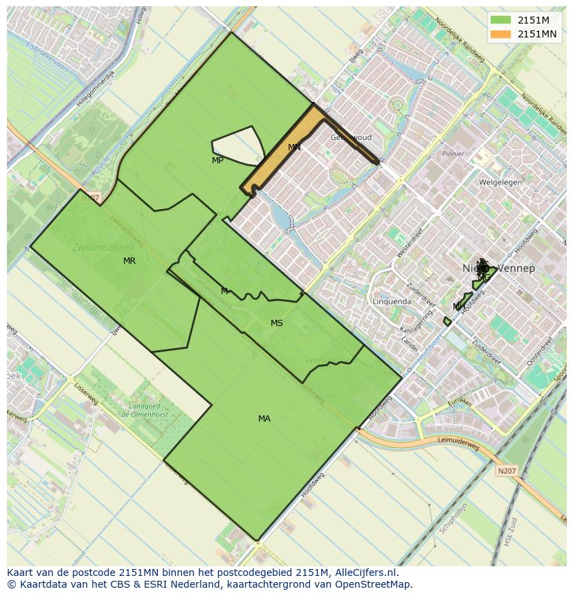 Afbeelding van het postcodegebied 2151 MN op de kaart.