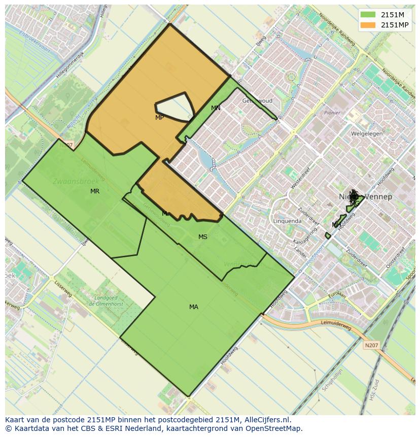 Afbeelding van het postcodegebied 2151 MP op de kaart.