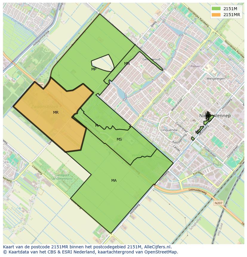 Afbeelding van het postcodegebied 2151 MR op de kaart.