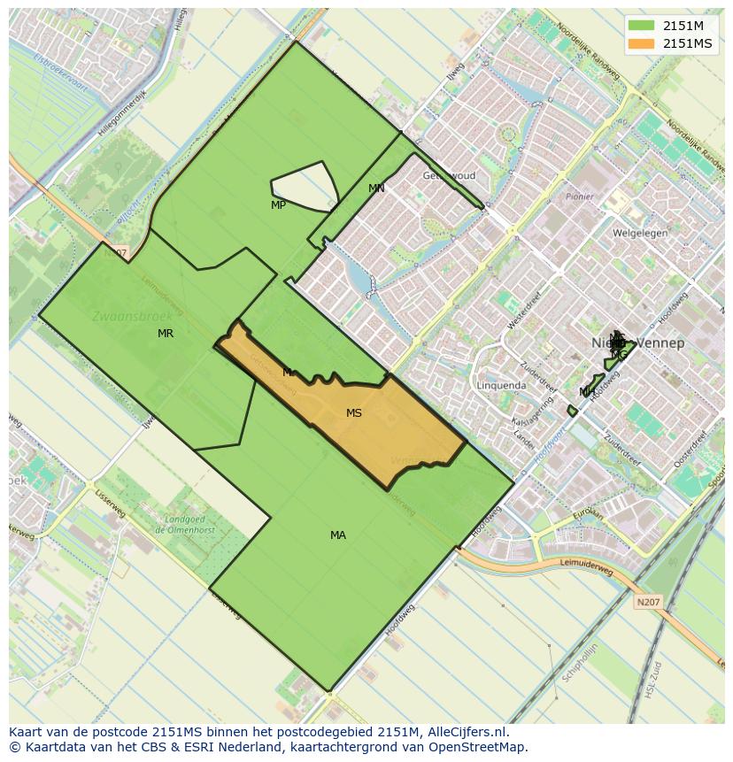 Afbeelding van het postcodegebied 2151 MS op de kaart.
