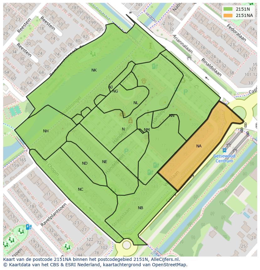 Afbeelding van het postcodegebied 2151 NA op de kaart.