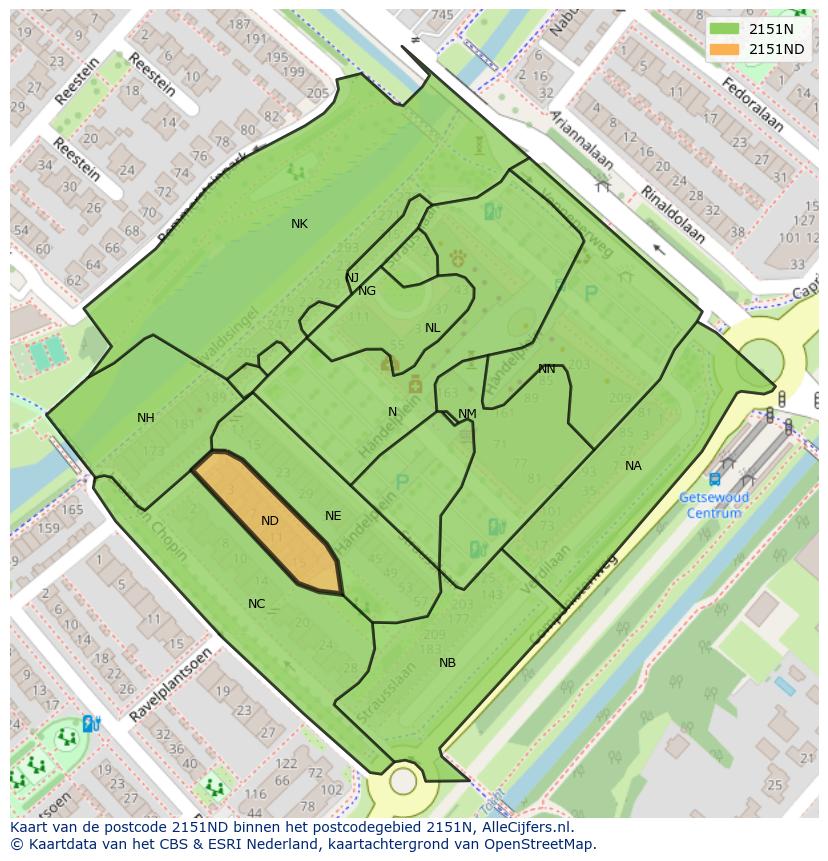 Afbeelding van het postcodegebied 2151 ND op de kaart.