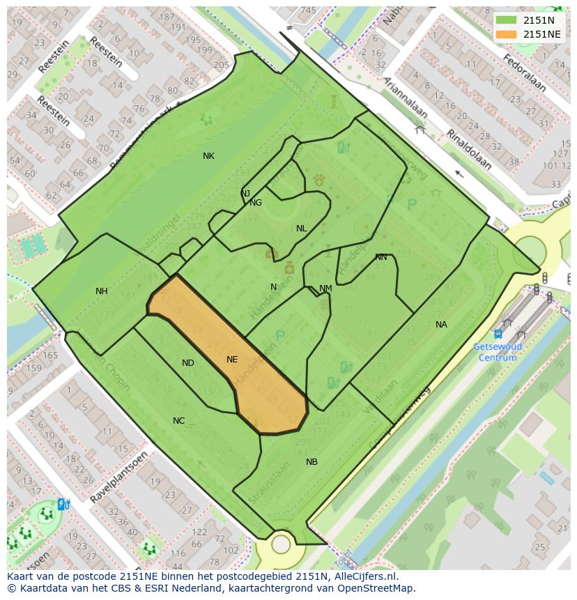 Afbeelding van het postcodegebied 2151 NE op de kaart.
