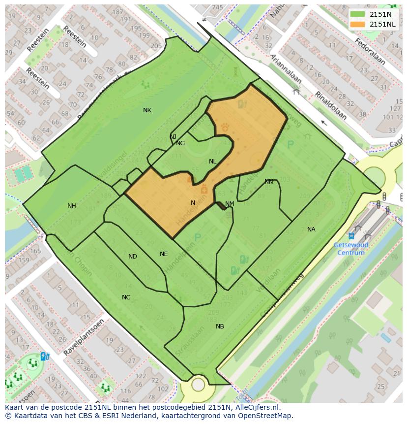 Afbeelding van het postcodegebied 2151 NL op de kaart.