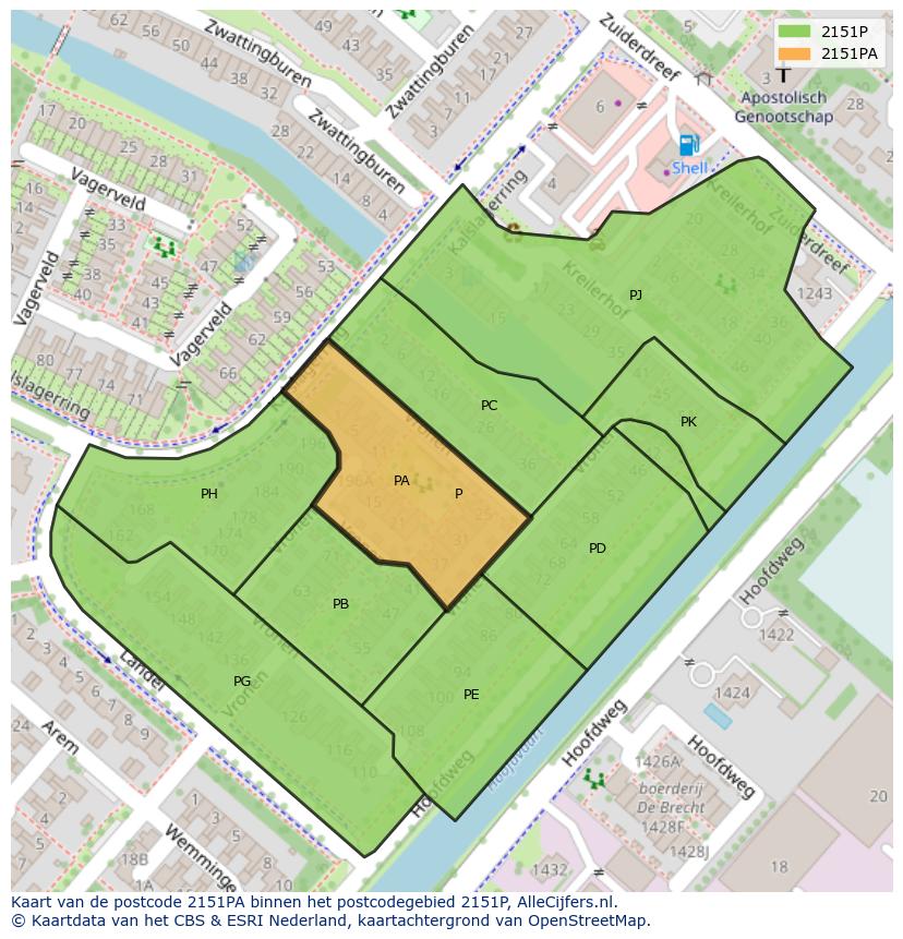Afbeelding van het postcodegebied 2151 PA op de kaart.